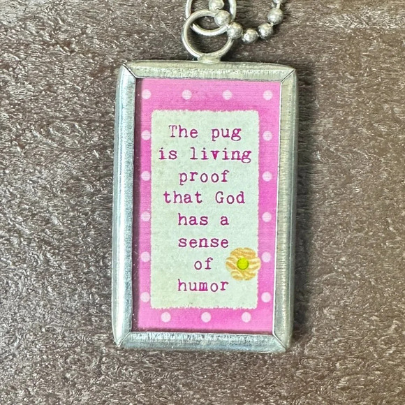 Pug in Hat Silver Frame Necklace Pendant Charm Beaded Chain - Picture 3 of 8